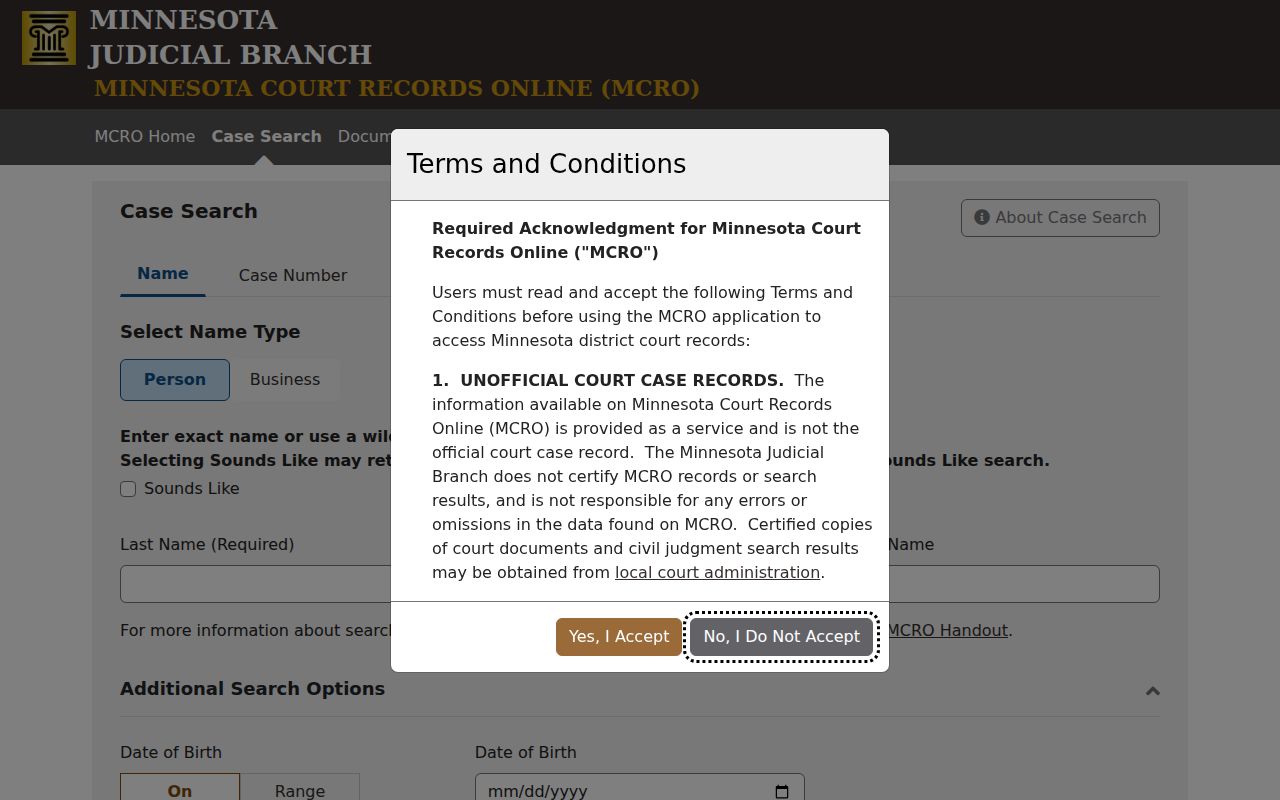 Morrison County case search form in Minnesota Court Records Online