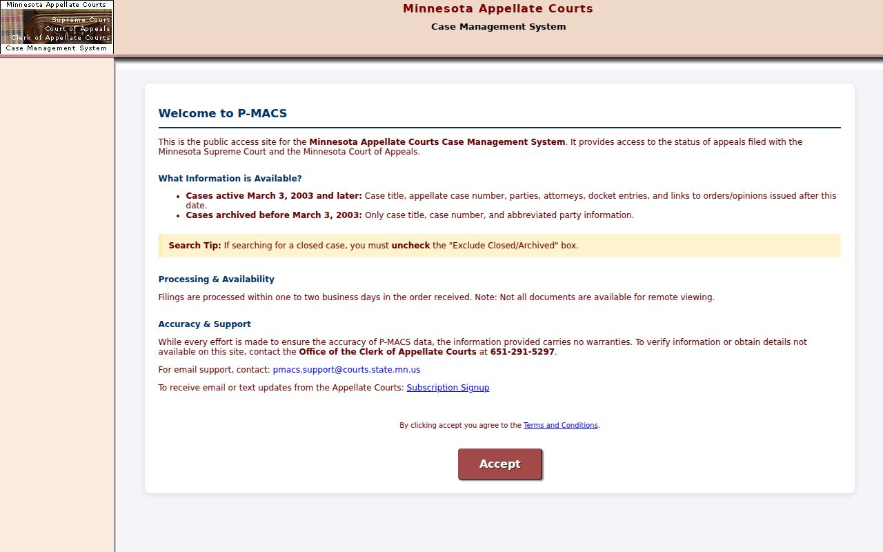 Morrison County civil court docket P-MACS appellate search interface