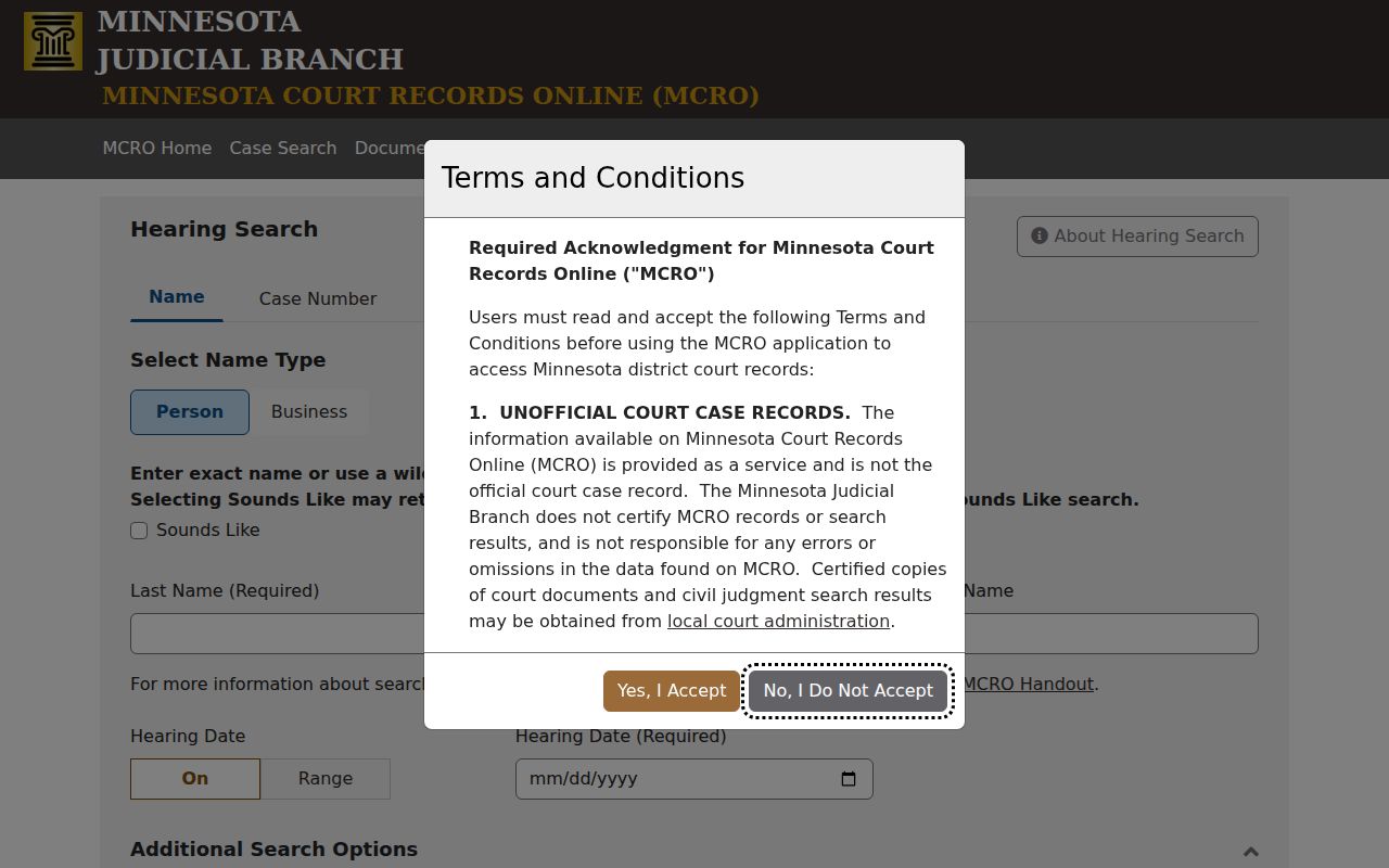 Morrison County court calendar hearing search in Minnesota Court Records Online
